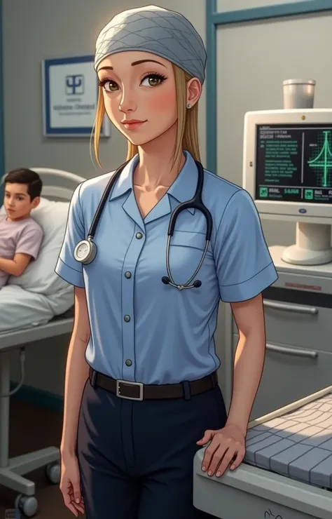  a doctor in a white coat , surgical cap and stethoscope in a hospital ward