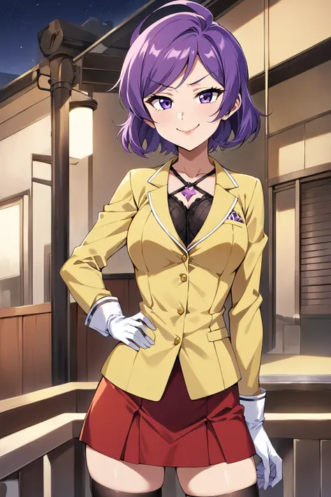 score_4_up, score_9, score_8_up, score_7_up, score_6_up, score_5_up, good_hands, high quality, extreme details, masterpiece,1girl, solo,purple hair, short hair, yellow school jacket , white shirt inside with a black ribbon, red skirt, purple eyes, smug fac...