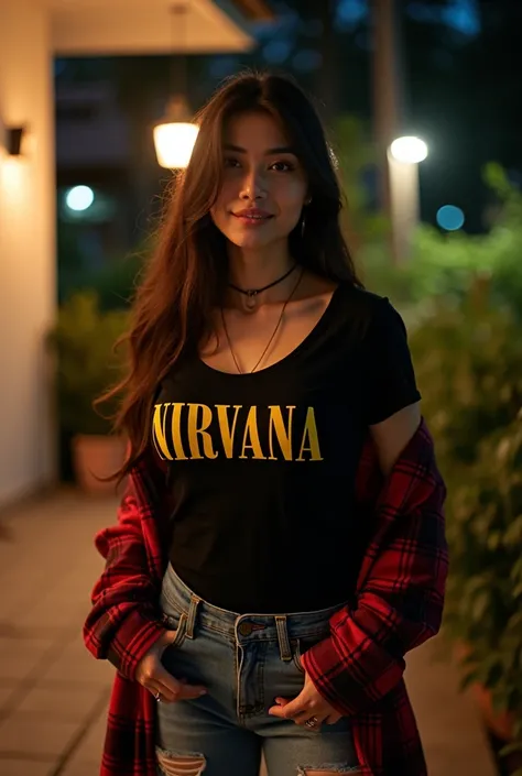 selfie photo of beautiful Thai woman, on the terrace of the house, (big breasts)) at night, nirvana black t-shirt, red plaid shirt, ripped jeans, cinematic