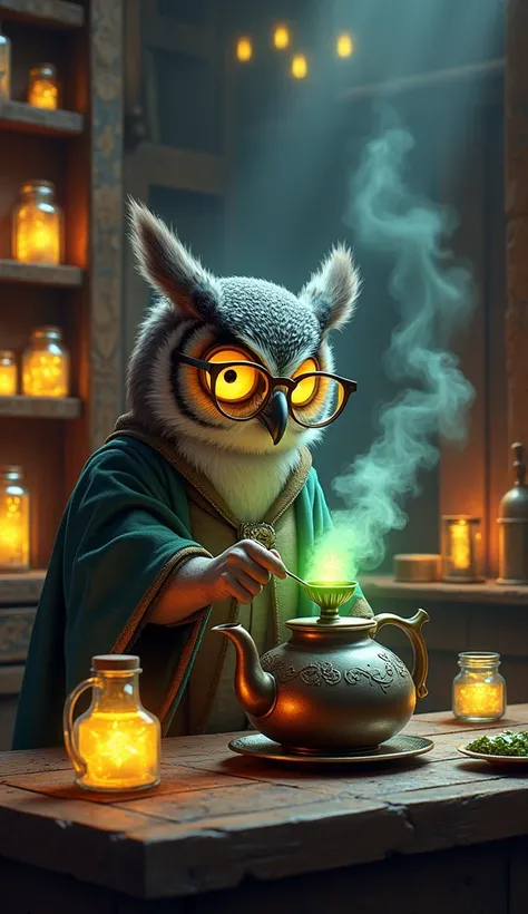  A scholarly owl brewing glowing tea in a mystical teapot, his wooden shelves lined with glowing herbal jars.  