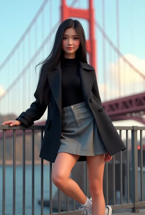 Woman 30, long straight black hair, wearing short grey school girl skirt with black sweater and black short trench coat with white converse high sneakers with white short socks. Leaning and posing at red tube low metal fence. With San Francisco’s Golden Ga...