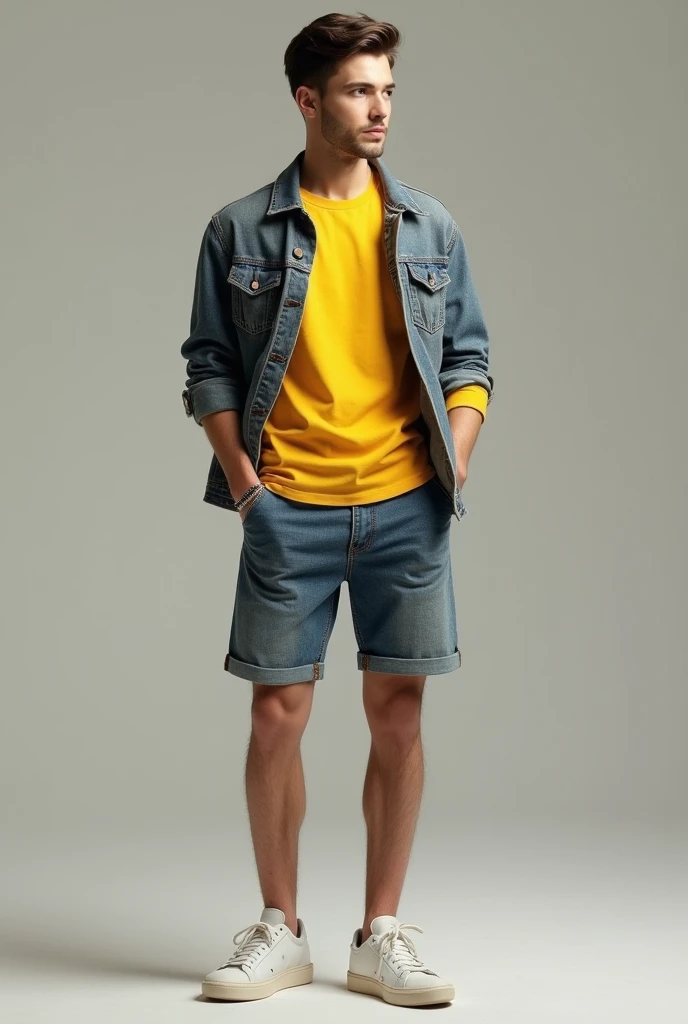  mens shorts with yellow t-shirt, jeans negro, grey jacket