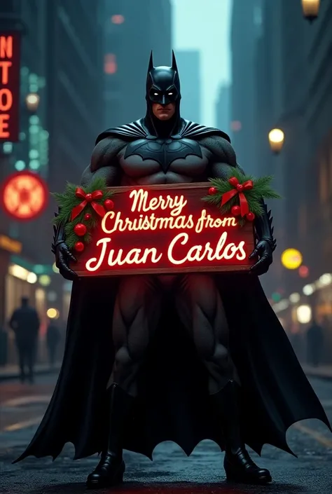 Batman with a sign that says Merry Christmas from Juan Carlos 