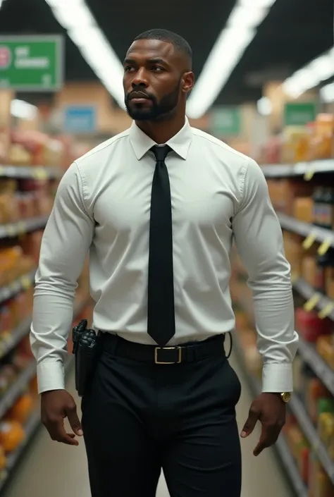 A tall man, negro, military hair, no beard,  big eyes , Athletic body, white shirt dress with black tie slin black pants with radio communication in a supermarket.