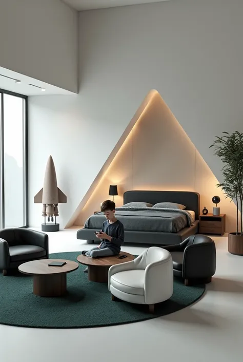 Professional 3d architecture rendering design of modern and minimal and high tech design for boy’s room and this  room made of 2  black  leather cubes chairs and 2 circle white  leather chairs and 1  dark m wooden triangle table and triangle  dark grey bed...