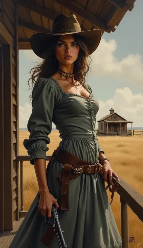 oil painting, wild west, a cowgirl with a shotgun standing on the porch and defending the entrance to the house, a small house on the prairie, wearing a gray dress with a large neckline, a fierce expression on her face, dramatic action atmosphere, dark and...