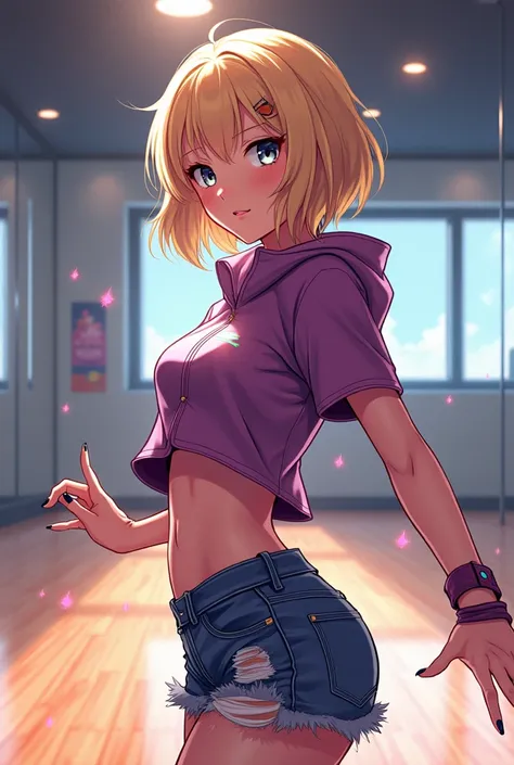  14-year-old girl ,  short dark blond hair, grey eyes, She wears K-pop style clothing .  Shes in a dance room.  anime style.