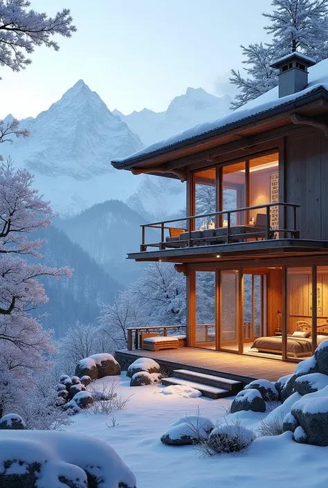 Make me a Japanese-style apartment in a mountain in here its snowing