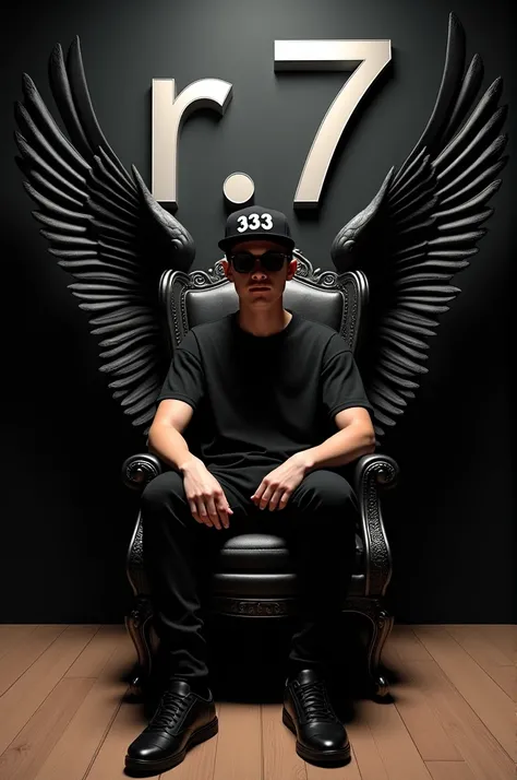 "A young male sitting confidently on a regal chair with large angel wings attached to the chairs back. She is wearing all-black casual clothing, including a T-shirt, cap, sunglasses, and sneakers. The cap has the number 333 written on it. The background is...