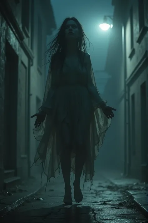 Create an image of a lost womans soul floating in a square at night Without being illuminated by the light of the pole .  Create an image of this soul with dirty torn clothes and a scary face asking for help with more or less a few centimeters from the gro...