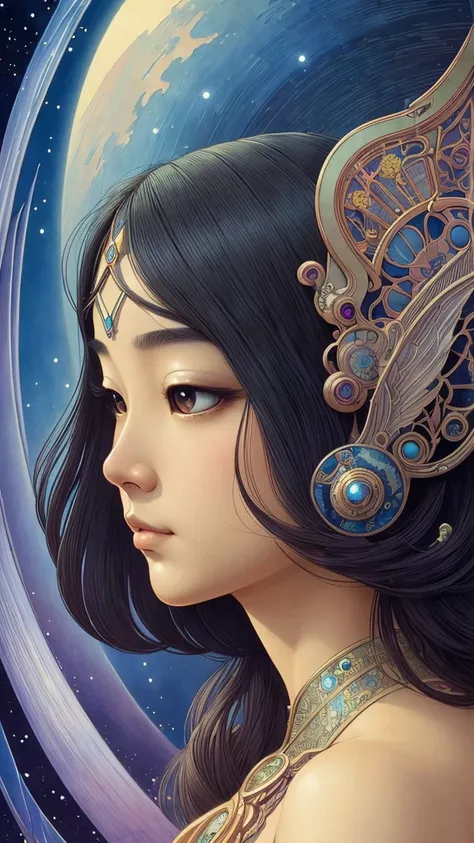 ((best quality)), ((masterpiece)), (detailed), perfect face, pretty asian face, big eyes, surreal, art nouveau, in the illustrative style of moebius, fantasy, sci-fi, 