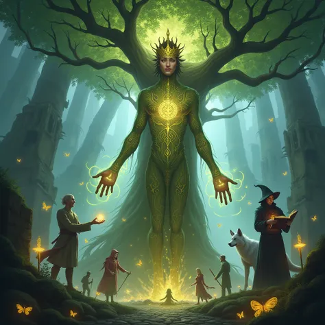 An ancient forest spirit with a golden crown and intricate runes etched into their skin stands beneath a glowing tree. Around them are a silver wolf, a curious  holding a glowing orb, a mage reading from a floating book, a shadowy assassin, and a delicate ...