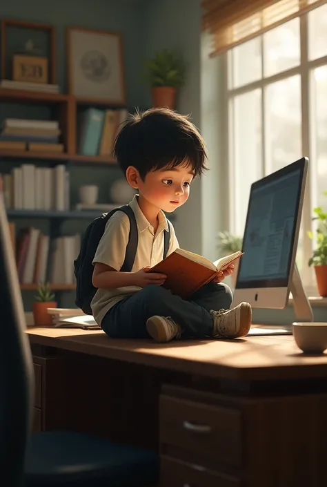 boy in the office sit on the table reading the book