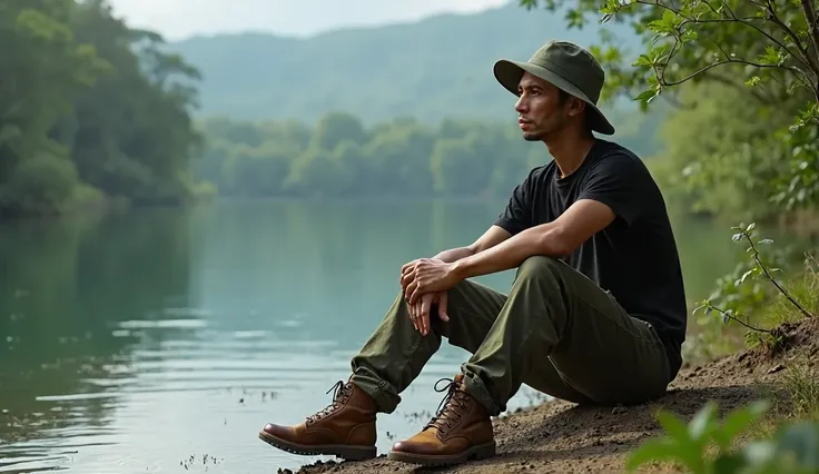  A young and handsome Indonesian man,  wears army green canvas jumpsuit ,Wearing a black t-shirt, Brown army laced boots ,  wearing army green mountain hat , sitting daydreaming on the edge of the lake