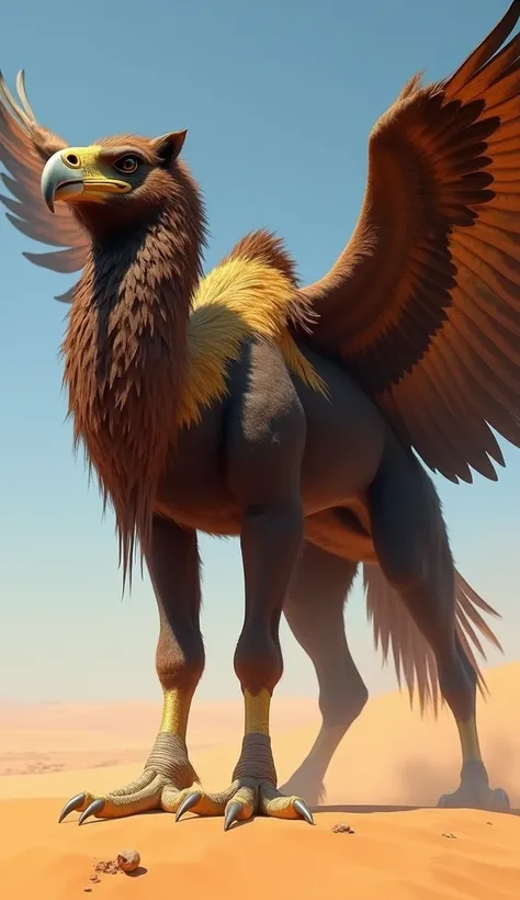 "Create a terrifyingly realistic hybrid creature that merges the soaring majesty of a golden eagle with the imposing presence of a dark brown dromedary camel. The creature should have the towering, muscular body of a camel, its fur dark brown but streaked ...