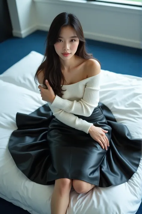 ( Super Detailed ) best quality:Full-body portrait of a 25-year-old woman 在、 Exquisite beautiful face ， deep eyes, A beautiful lady, Asian, Japanese, Long hair, Low height, on all fours on a white big bed in front of a new office with blue carpet, Wearing ...