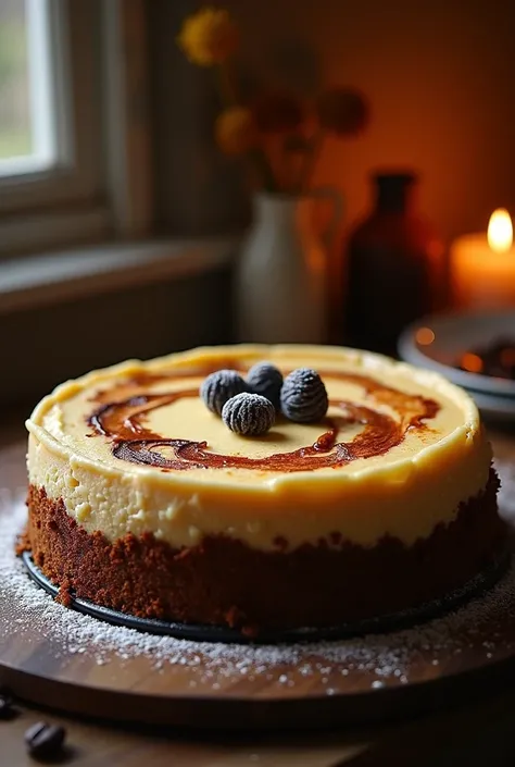 Espresso Cheesecake bleu,  The scene should be captured in warm, inviting lighting with a slight grainy texture, reminiscent of an old camera. The composition should convey a casual yet appealing presentation that highlights the dishs homemade charm. Ensur...