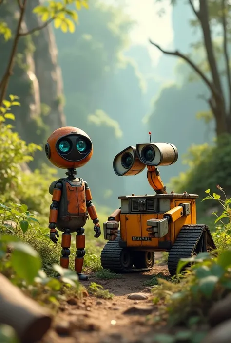 Image that represents the link between technology and the environment related to the film by Walle in which Walle and Eva appear together with a person