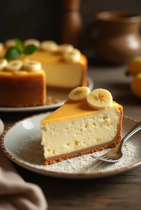 Banana Pudding Cheesecake,  The scene should be captured in warm, inviting lighting with a slight grainy texture, reminiscent of an old camera. The composition should convey a casual yet appealing presentation that highlights the dishs homemade charm. Ensu...