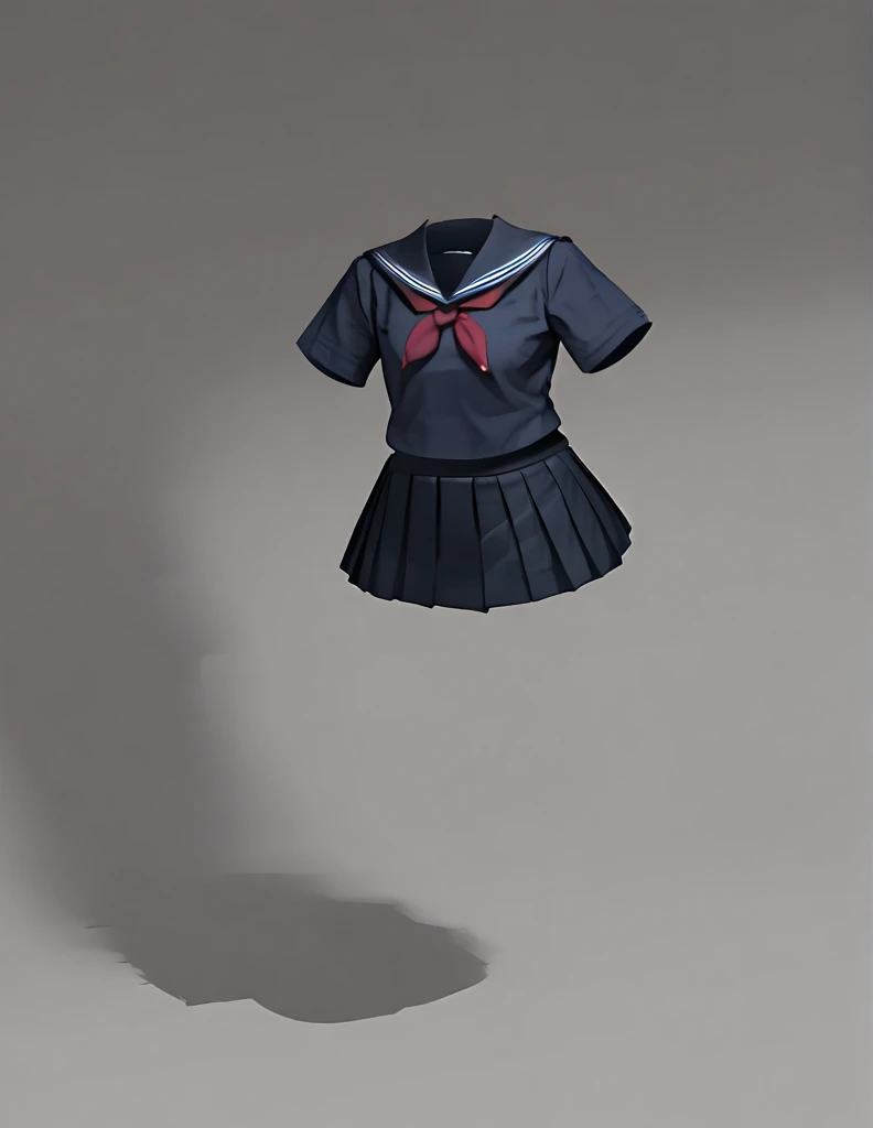 Generate an image of a traditional Japanese school uniform (seifuku) consisting of a navy-blue pleated skirt and a matching long-sleeve blouse. The blouse has a sailor-style collar with white and red accents, and a red bow is tied in the front. The outfit ...