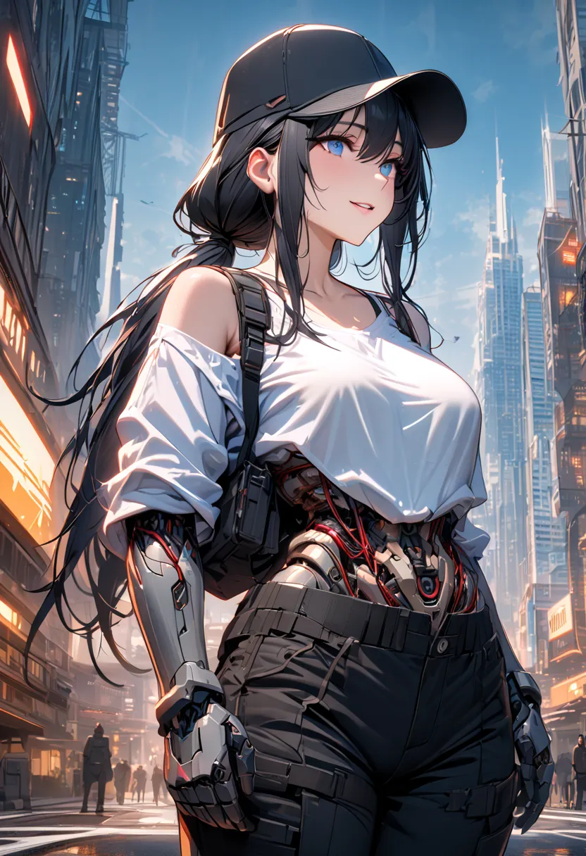 masterpiece, high quality, 8k, bright mood, mature girl-like robot, black hair, long hair, low ponytail, low bundle, blue tie, e...