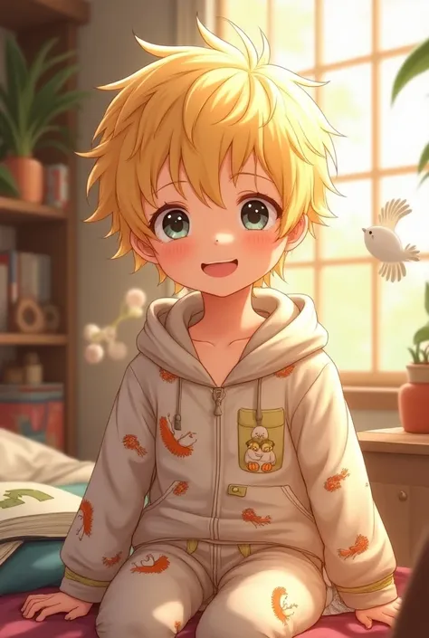 Boy with blond hair in anime eagle pajamas