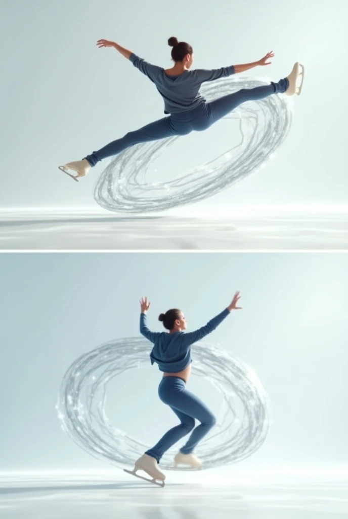 Create two images in a .  The first image of a skater who is doing a rotation with his arms extended and that you notice that he is turning has more angular movement in Y the second of the same skater, but with the arms folded with half transparent circles...