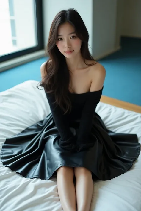 ( Super Detailed ) best quality:Full-body portrait of a 25-year-old woman 在、 Exquisite beautiful face ， deep eyes, A beautiful lady, Asian, Japanese, Long hair, Low height, on all fours on a white big bed in front of a new office with blue carpet, Wearing ...