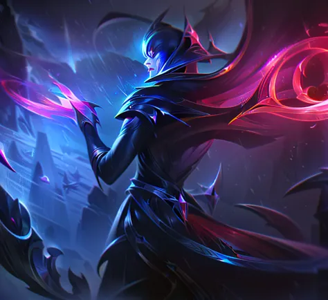 Fiddlestick,blood harbor,female,at night,dark and scarlet magic,hold staff,cursed,dark tone,crystal shards flower, sommon undead,magic blood glass flower,  Rain Drizzle,coven ashe,leagueoflegends,back view,France dress,black leather coat,long white hair,re...