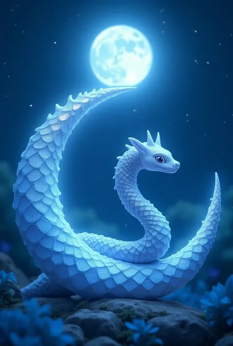 anime style, crescent moon-shaped snake named "Sarpachandra", delicate scales with a soft glow under moonlight, mystical and surreal aura, gentle blue and silver colors, intricate details, high contrast --niji 5 --ar 1:1
