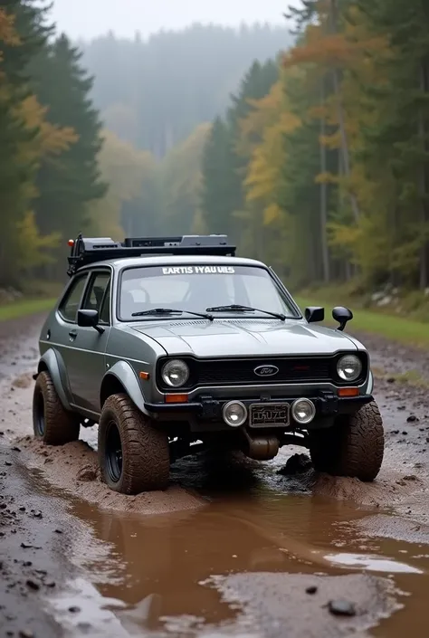  A second-generation Ford Fiesta with high suspensions, with stud wheels and a tube for very large puddles . 
Make it gray with four doors and a little lower 