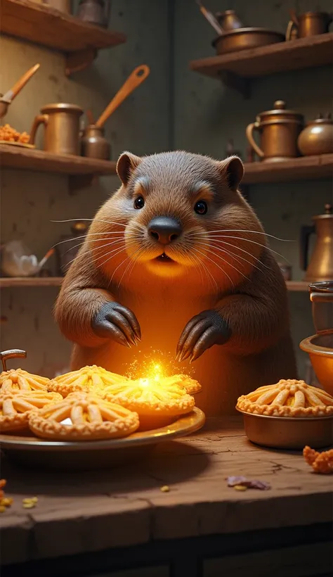 A hardworking beaver baking glowing pies, surrounded by wooden shelves filled with enchanted cookware.  