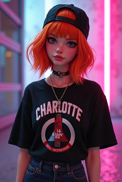 Animated fashionable female pop star with slightly short ginger hair wearing charlotte folk oversized black t shirt and wearing backward black cap