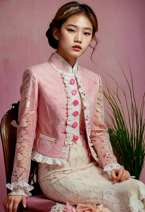 A Korean man in ladies vintage suit dress, he is crossdresser, body like a woman, slender female body, white and pink, Rich lace and frills, long sleeves, jacket, mermaid line long skirt, tweed, sit quietly, His hairstyle is short and manly