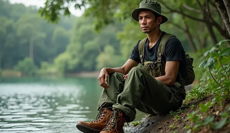 A young and handsome Indonesian man, wears army green canvas jumpsuit ,Wearing a black t-shirt, Brown army laced boots , wearing army green mountain hat , sitting daydreaming on the edge of the lake