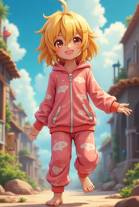 Un Hombre 
teen with blond hair in full body pajamas 
From Aguila Anime