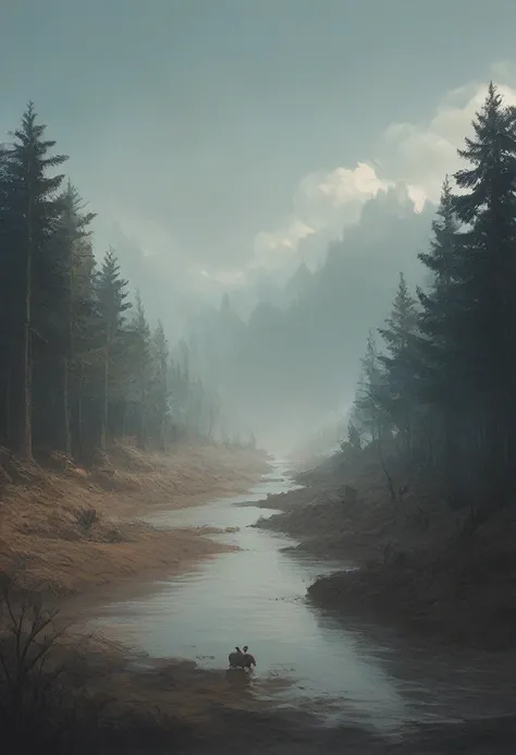 Russian forest, brown quicksand, gurgling mud, cloudy weather