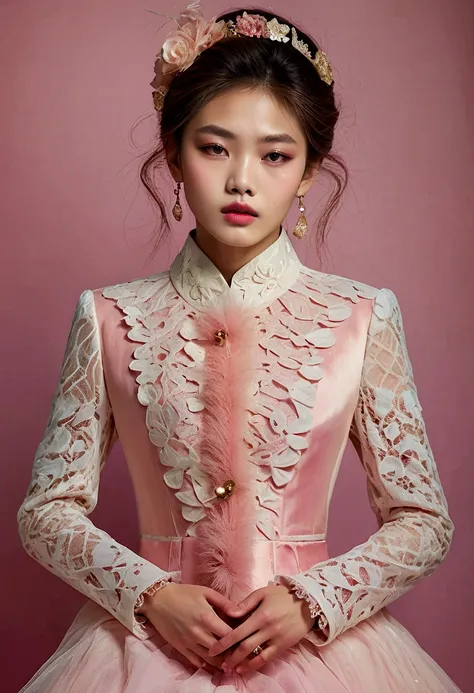 A Korean man in ladies vintage suit dress, he is crossdresser, body like a woman, slender female body, white and pink, Rich lace and frills, long sleeves, jacket, mermaid line long skirt, tweed, sit quietly, His hairstyle is short and manly