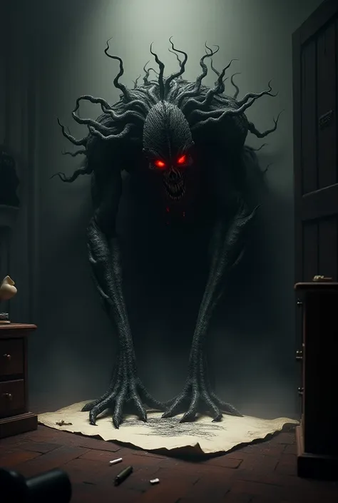 Need 3D animation style video,. "A dramatic scene where the room shakes as a dark, terrifying monster with glowing red eyes emerges from a drawing."
