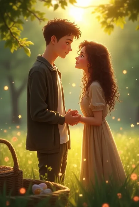 couple in love, holding hands looking at each other standing,  the girl with long curly hair charming smile and a normal body not very skinny and the curly haired boy with a good cut and sending a kiss to the girl in a park, while picnicking 