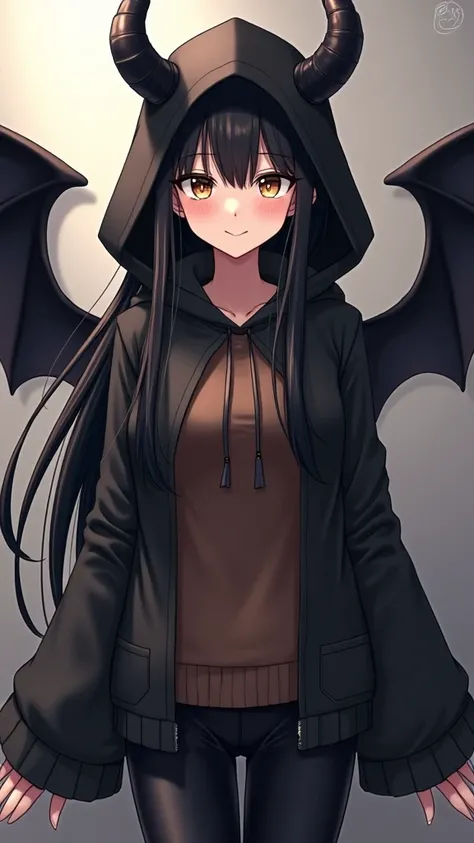  A devil but looks slender like an angel, golden eyes . long black hair ,A pair of black horns , broken left horn .Black Wings,black hood,Dolphin Pants,Nice ,female,Anime,SD