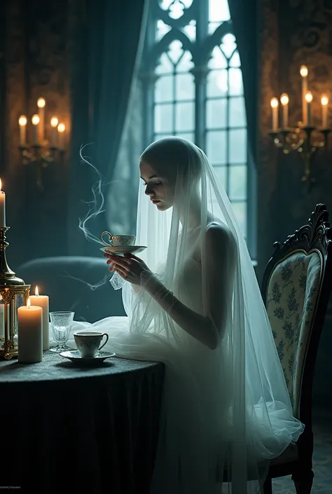 Image in Instagram story format: ghost having tea in a gothic atmosphere