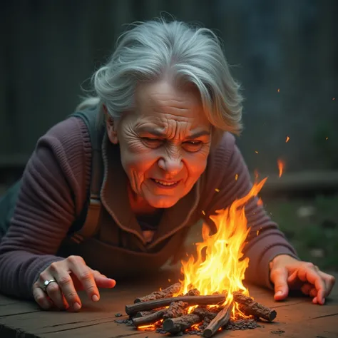  A 60-year-old woman ,  doing too much force to blow up a very weak fire, Almost without fire , Emphasize the dull ,  a lot of force when blowing ,  looking tired and almost giving up .