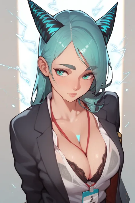 score_9, score_8_up, score_7_up, score_6_up, beautiful aesthetic, very intricate, high quality details, 1girl, :o, aqua eyes, aqua hair, between breasts, black bra, black jacket, blazer, bra, breasts, cleavage, collarbone, cone horns, electricity, horns, j...