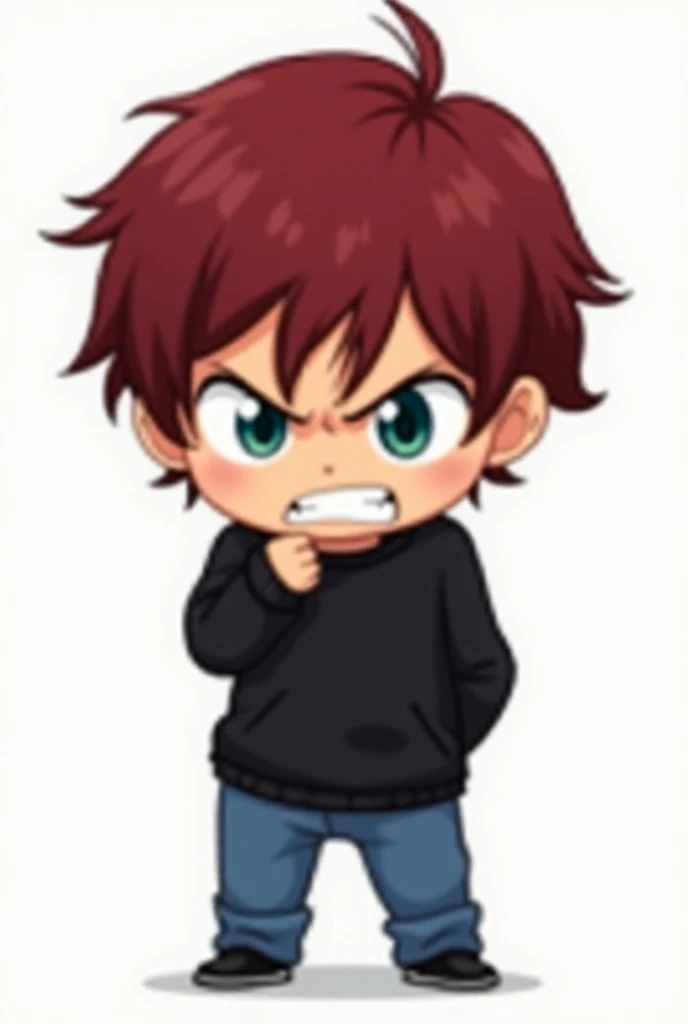 masterpiece, anime style, chibi, illustrated logo, medium short shot, emote for twitch of a boy with dark red hair, black sweater and very angry face with wide eyes
and blue pants and black shoes, with green and dark blue pupils, shoulder-length hair, no b...