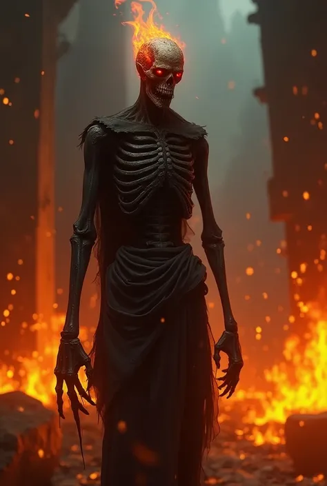 High quality 3D portrait rendering of a Ghoul guarding the gates of Hell. Burning hellish skull, sparkling red eyes. Slender tall body, highly detailed skeleton covered in rags. Highly detailed flames and fire on the background, dark fantasy horror, fantas...