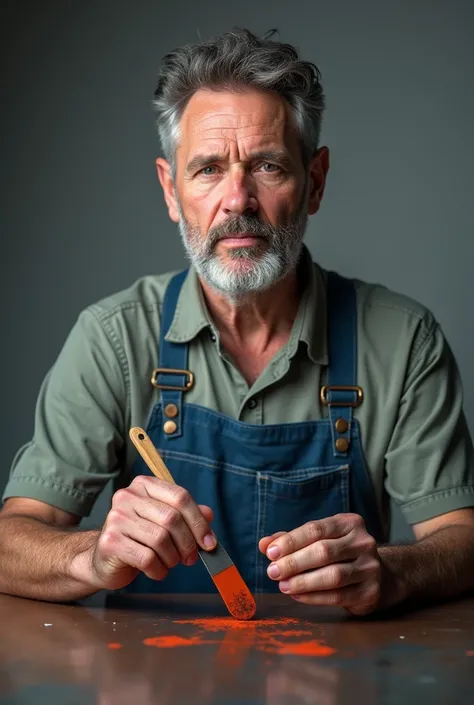 A screen printer man holding ink with left hand and holding a spatula using the right hand portrait facing camera