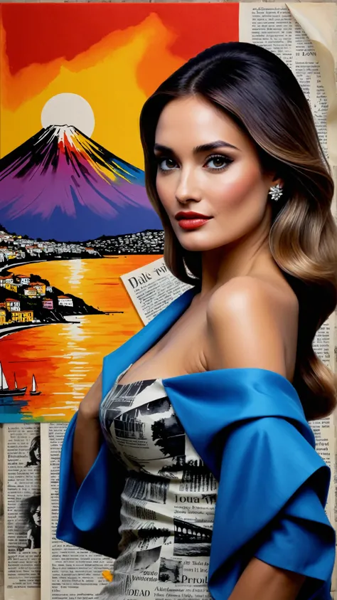 Create an ink-on-newspaper artwork in the style of Loui Jover (1.5), featuring a stunning European landscape that prominently showcases Vesuvio and the sea. Incorporate elements of Porto Vino and the iconic Dalida, the renowned singer, seamlessly blending ...