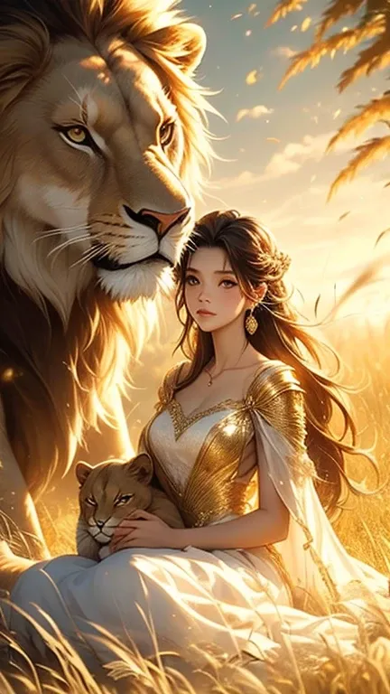 Masterpiece, highly detailed, high resolution, lion king, 8K, the scene is set in a sunlit field with the beautiful Asian woman in an elegant cream lace dress, detailed beautiful eyes, detailed beautiful face, embracing the lion as they both sit surrounded...