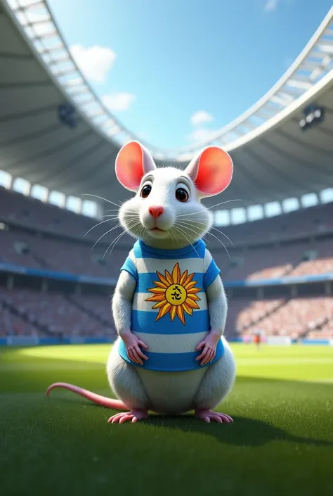  Create a realistic white rat with the colors of the Uruguayan flag , and with a sun in its chest .  Let the background be a football stadium ,  and that the rat is on the playing field around the stands